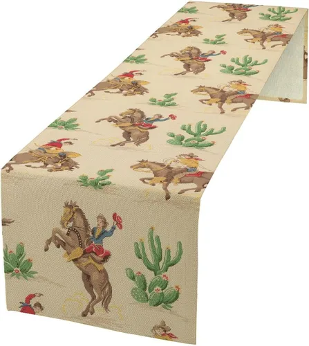 Vista 27 de Camino de mesa de lino de algodón, cuchillo de cocina occidental, tenedor, colección de mesa rectangular, desierto salvaje oeste americano