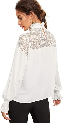 Vista 2 de Floerns Blusa de gasa transparente de manga larga abombada con cuello alto falso para mujer