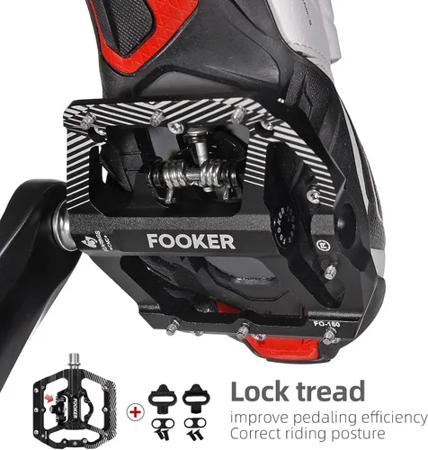 Vista 4 de FOOKER Pedales de bicicleta de montaña MTB, plataforma plana de 3 rodamientos, compatible con doble función sellada de aluminio sin clipless pedales