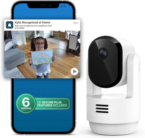 Vista 9 de Arlo Essential - Cámara de seguridad para interiores con inclinación panorámica 2K (versión 2025) + 6 meses de plan Secure Plus, alimentación