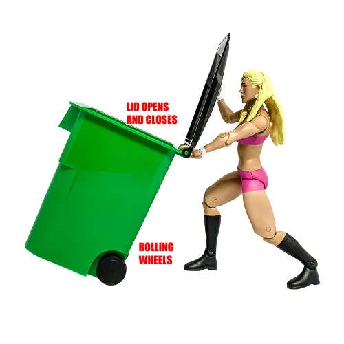 Vista 3 de Bote de basura verde en miniatura con tapa y ruedas para figuras de acción de lucha libre
