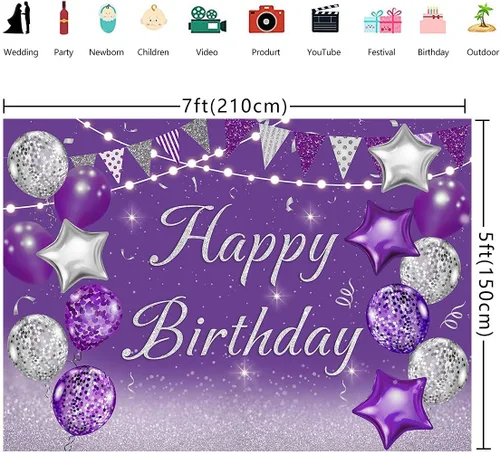 Vista 3 de INRUI Telón de fondo morado para fotografía de cumpleaños, globos plateados con purpurina para niñas y mujeres, pancarta de decoración de fiesta