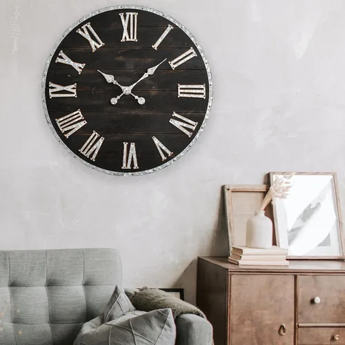 Vista 8 de Glitzhome Reloj de pared con números romanos de 28 pulgadas, reloj de pared negro enorme, de madera rústica, grande, negro, blanco, para sala