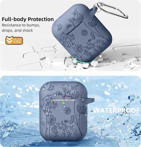 Vista 3 de Lerobo - Funda grabada con flores para estuche de AirPods, protector de silicona suave y elegante con llavero, compatible con estuche de carga