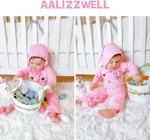 Vista 2 de Aalizzwell Mameluco de Pascua para bebés y niñas con sombrero de oreja de conejo