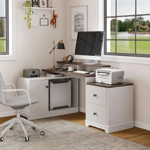 Vista 3 de Escritorio ejecutivo en forma de L de 67 pulgadas con cajones y estante de almacenamiento, escritorio de esquina para computadora con tomas