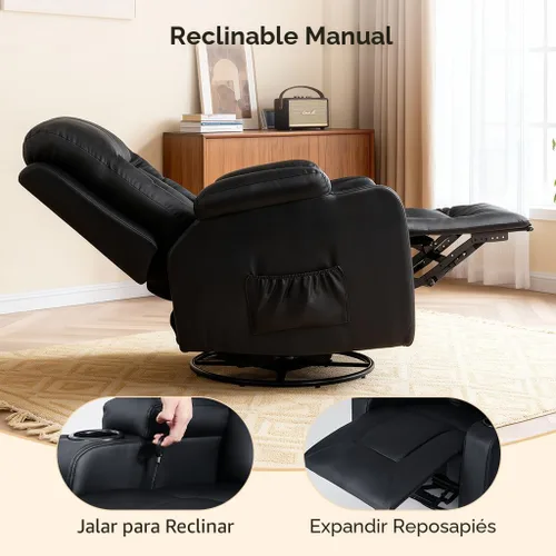 Vista 4 de COMHOMA Muebles sofá de cuero consolidado con masaje, portavasos, juego de sala de estar, silla reclinable, 3+1+1, negro