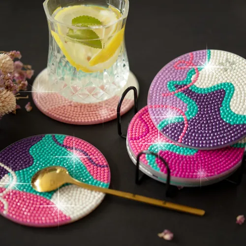 Vista 7 de Temlum 6 posavasos de pintura de diamante con soporte, kits de posavasos de arte de diamante para principiantes, kit de pintura de diamantes