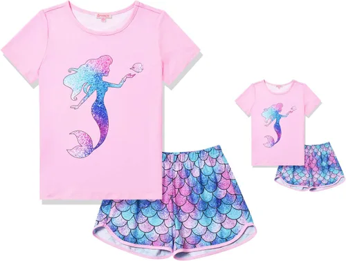 Vista 7 de QPANCY - Conjunto de pijamas a juego para niñas y muñecas con diseño de unicornio, ropa de dormir de algodón para el verano