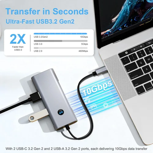Vista 4 de Concentrador USB C 6 en 1, adaptador multipuerto HDMI USB-C 4K 4K @60Hz HDMI, 2 USB-C y 2 USB-A 10Gbps, 100W PD, botón de privacidad