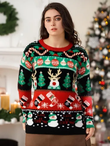 Vista 5 de v28 - Suéteres feos de Navidad variados, para mujer, suéter de punto con diseño de reno feliz