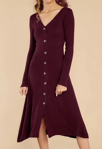 Vista 2 de R.Vivimos - Vestido midi de manga larga, de algodón, con cuello en V y abotonado, para el invierno, estilo casual, de punto