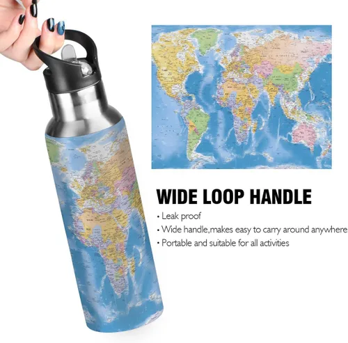 Vista 3 de AUUXVA Globe World Map - Botella de agua de acero inoxidable aislada al vacío, botella de agua para niños con popote y asa para mantener el calor