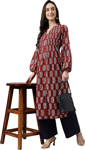 Vista 4 de Janasya Kurta acampanada de algodón granate, con estampado floral, para mujer india