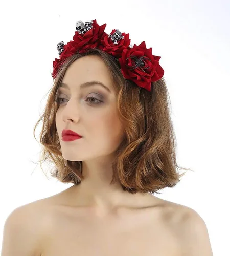 Vista 3 de ITODA Diadema de calavera de flores rojas, araña, Halloween, gótico, mexicano, día de muerto, tiara, cosplay, disfraz, guirnalda, fiesta, corona
