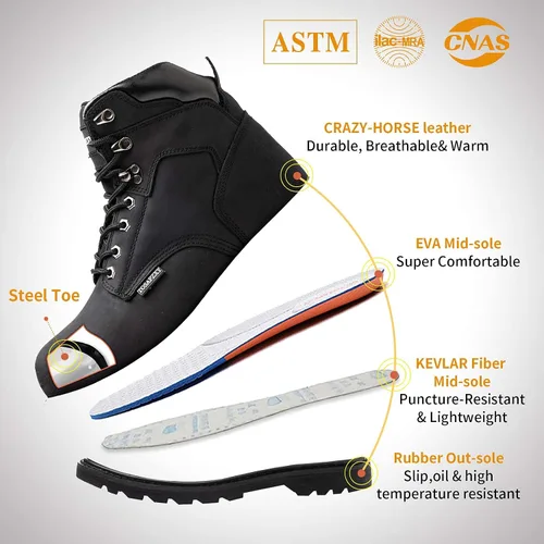 Vista 2 de Botas de seguridad laboral para hombre, de cuero Crazy-Horse duradero, con puntera de acero indestructible, impermeables y antideslizantes, mejor