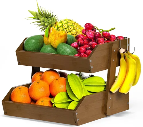Vista 13 de Gmtsl Cesta de frutas de bambú para cocina, frutero de 2 niveles para encimera de cocina, soporte grande para frutas con 2 ganchos para plátanos