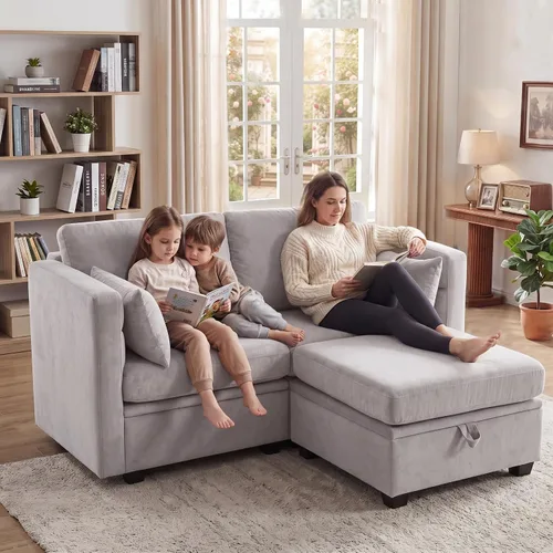 Vista 21 de Sofá con Otomano en Forma de L Pequeño con Asientos Almacenables de 57" Sofá Seccional Modular con Brazos y Respaldo Reclinables Sofá Convertible