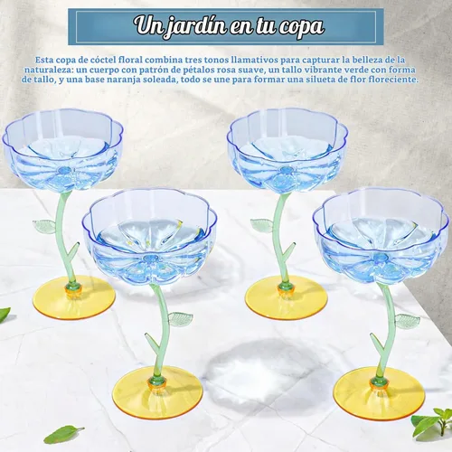 Vista 5 de 12 vasos de plástico azul acanalados cupé desmontables de 7 onzas, copas de cóctel de flores modernas onduladas de plástico, vasos de Martini