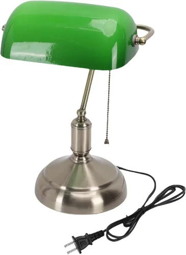 Vista 5 de Vintage Bankers Desk Lamp with Green Glass Shade & Pull Chain Switch, Plug in Table Lamp for Bedside, Study, 350° Adjustable