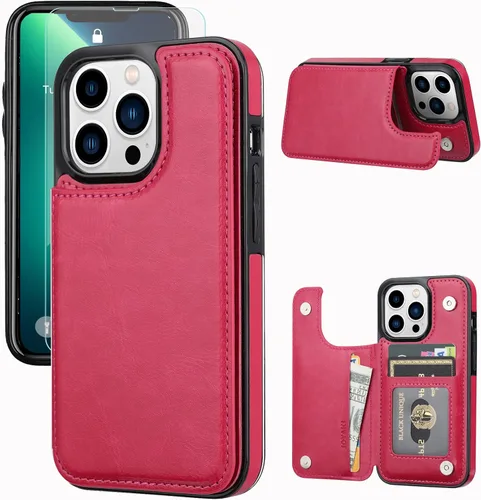 Vista 12 de Funda tipo cartera compatible con iPhone 13 Pro de 6.1 pulgadas, funda protectora delgada con tarjetero, piel sintética de alta calidad, ranuras