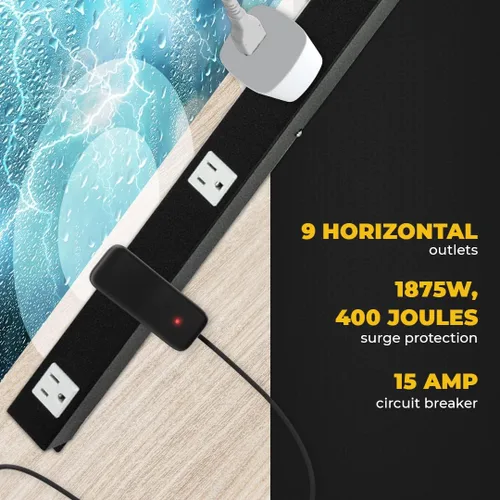 Vista 3 de OT3093 - Cable de alimentación de 9 tomacorrientes de 3 pies de 3 pies, protector de sobretensiones de metal resistente con piezas de montaje, tapas