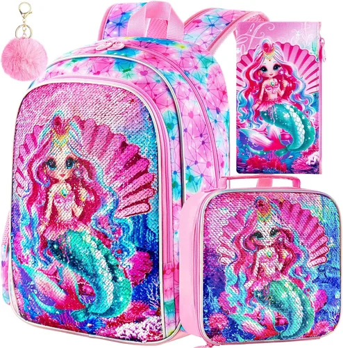 Vista 9 de 3 piezas de mochilas infantiles para niñas, 41 cm, mochila escolar preescolar y lonchera con diseño de unicornio/sirena/flamenco Mochila