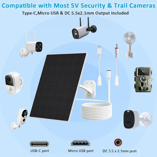 Vista 2 de FUTUREZEN Panel Solar para Cámara de Seguridad, Cargador Solar de 10W con DC 5.5x2.1mm, Puerto USB-C y Micro USB, Resistente al Agua IP66, Montura