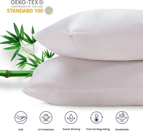Vista 3 de SLEEP ZONE Juego de 2 fundas de almohada tamaño King, rayón derivado de bambú, color blanco, fundas de almohada suaves y transpirables con cierre