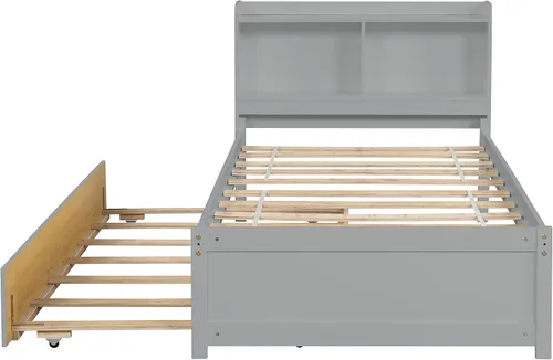Vista 6 de Base de cama de tamaño individual con nido y cabecera de almacenamiento, plataforma de madera con soporte de listones resistentes, para dormitorio