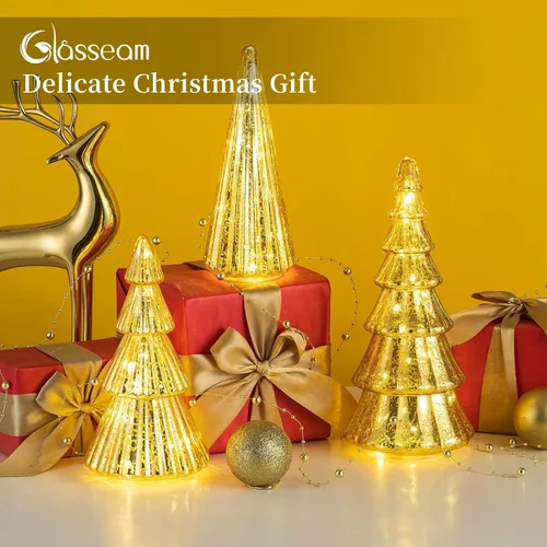 Vista 9 de Glasseam Centros de mesa de Navidad dorados para mesa: juego de 3 árboles de Navidad de vidrio de mercurio con luces, árboles de Navidad de mesa