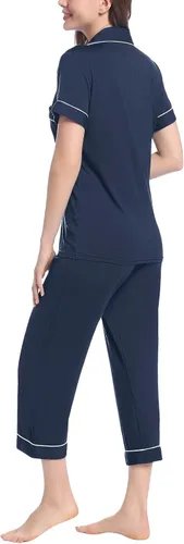 Vista 5 de Joyaria Conjunto de pijama capri para mujer, pijama de viscosa de bambú, pijama de manga corta con botones