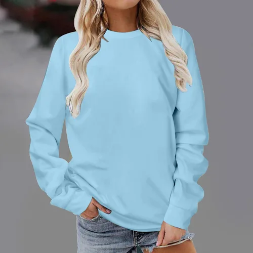 Vista 2 de Sudadera de manga larga para mujer 2023, color liso, cuello redondo, ajuste holgado, casual, clásica, blusas de moda de otoño