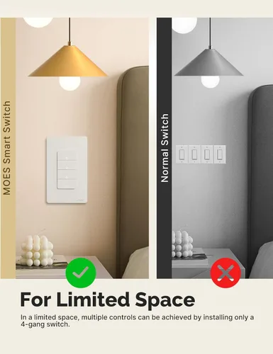 Vista 7 de MOES Matter-WiFi - Interruptores de luz inteligentes, requiere cable netural, interruptor de un solo polo de 2.4 GHz, compatible con Alexa Google