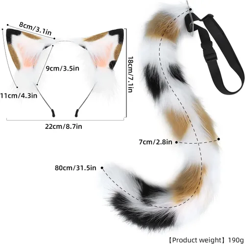 Vista 3 de Juego de diadema de orejas de piel sintética con cola de zorro y gato lobo para adultos, Halloween, Navidad, fiesta de disfraces, regalos