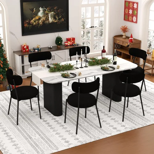 Vista 19 de Juego de mesa de comedor ovalada negra moderna de 70.9 pulgadas para 4, mesa de cocina rectangular estilo crema con sillas negras Boucle, juego