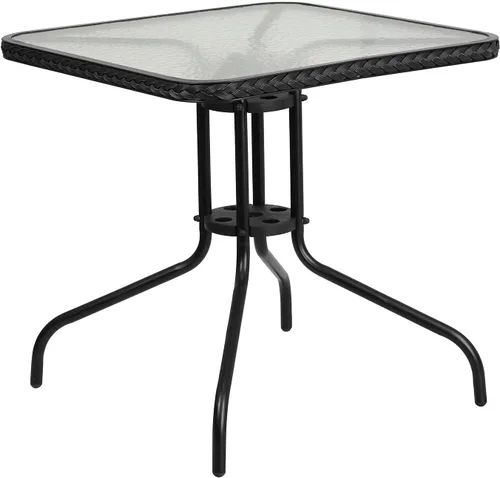 Vista 6 de Flash Furniture Lila Mesa Cuadrada de Vidrio y Metal de 28'' con Bordes de Ratán Negro y 2 Sillas Apilables de Ratán Negro