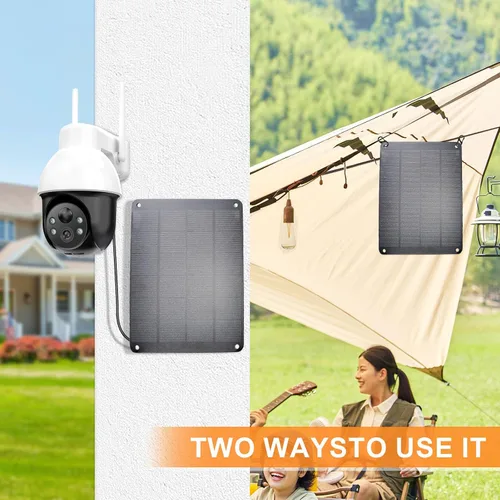 Vista 2 de Panel solar con gancho de metal, módulo monocristalino de alto rendimiento de 5V 6W con salida USB-A hembra y DC macho, panel impermeable