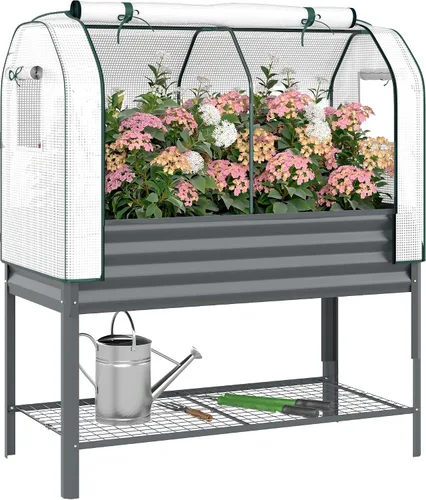 Vista 11 de Outsunny Cama de jardín elevada galvanizada con cubierta de invernadero, cama de jardín elevada de metal con patas, forro de cama y estante