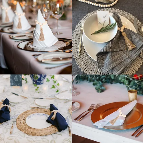 Vista 4 de Juego de 12 servilleteros de cuentas de madera con borlas de cuerda de yute para Navidad, granja, boda, hogar, mesa de comedor, decoración de fiesta