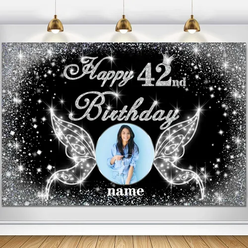 Vista 106 de Cartel personalizado de decoración de fiesta de cumpleaños número 100 - tema de alas de ángel - negro y plateado HY-NLK-100º