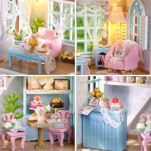 Vista 4 de Roroom Kit de casa de muñecas en miniatura y muebles, modelo de casa de muñecas de madera en 3D con LED, idea creativa de habitación para regalo