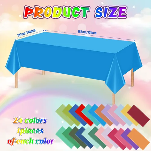 Vista 2 de 24 manteles de plástico desechables de 54 x 72 pulgadas de colores surtidos, mantel rectangular arcoíris desechable colorido para fiesta, boda