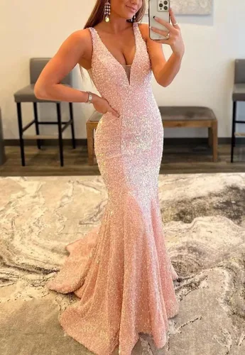 Vista 9 de Vestidos de fiesta de lentejuelas brillantes, largos y profundos con cuello en V sexy, vestidos de cóctel formales de sirena para mujer, sin espalda