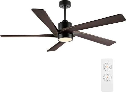 Vista 11 de WINGBO Ventilador de techo CC de 48 pulgadas con luces y control remoto, 5 cuchillas de madera maciza tallada, motor CC reversible de 6 velocidades