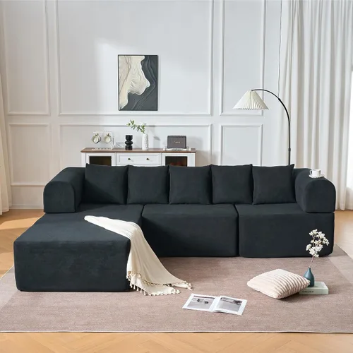 Vista 7 de Sofá modular de 106 pulgadas con diván en forma de L, moderno sofá modular Cloud con asiento profundo, cómodo sofá comprimido de terciopelo sin Negro