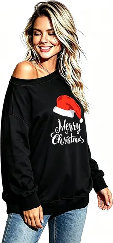 Vista 2 de Sudadera holgada de manga larga con hombros descubiertos para mujer de Halloween Gorro de Navidad negro