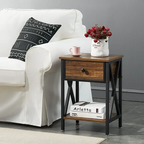 Vista 7 de VECELO - Mesas de noche para dormitorio, mesas de noche con cajón de almacenamiento, color marrón rústico