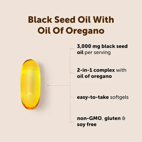 Vista 2 de Micro Ingredients Aceite de semilla negra de 3,000 mg, 120 cápsulas blandas Fórmula 2 en 1 con aceite de orégano, carvacrol y timoquinona A base