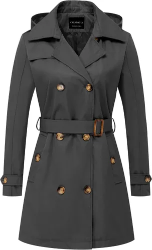 Vista 19 de CREATMO US Gabardina para mujer con doble botonadura clásica con solapa, con cinturón y capucha desmontable Albaricoque